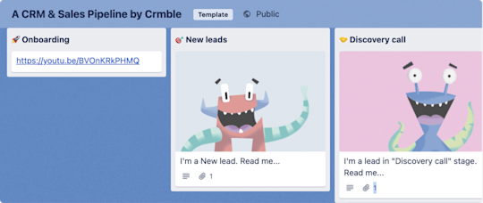 Screenshot of Trello board with columns that represent the various stages of a CRM & sales pipeline